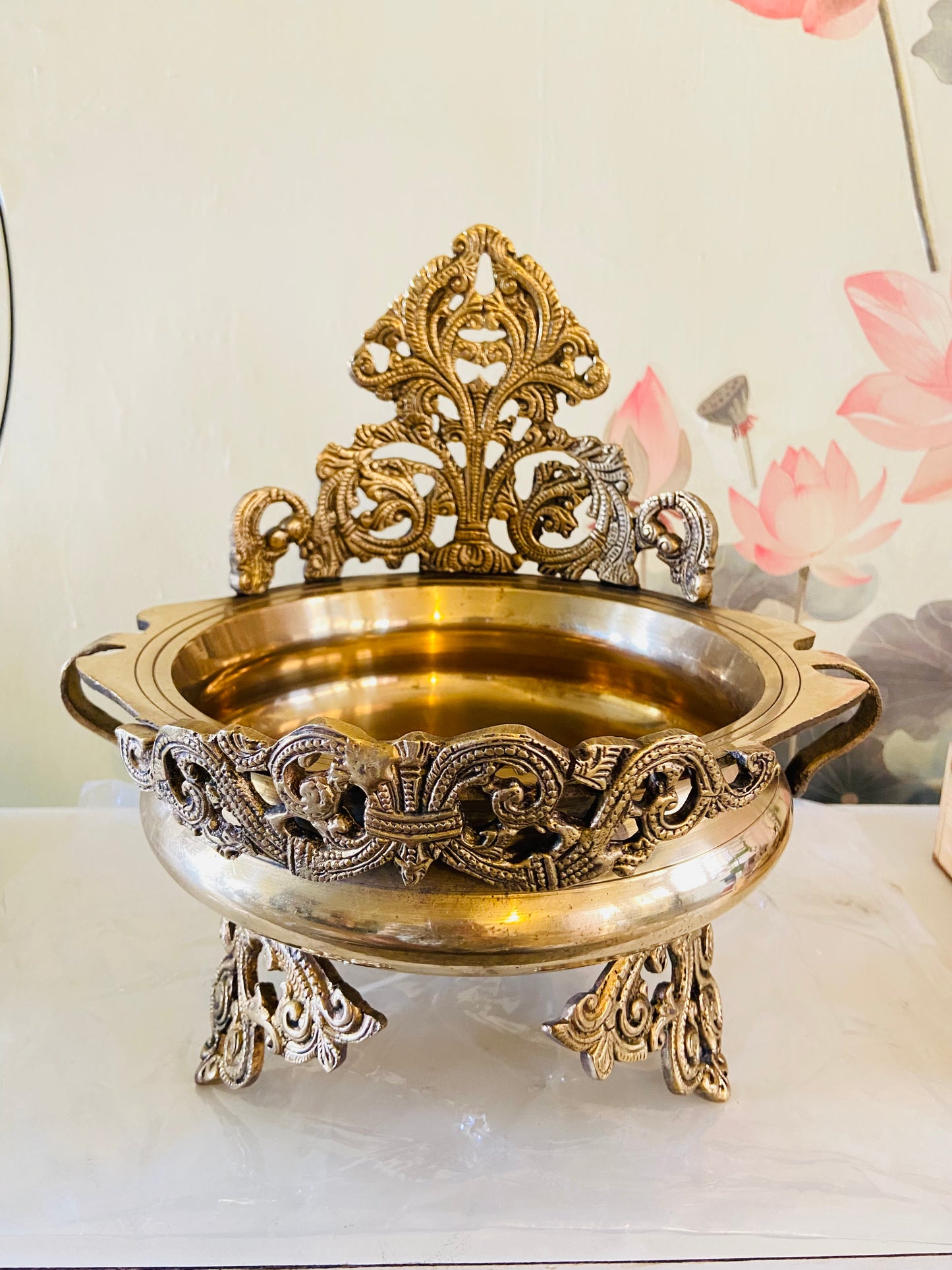 Handcrafted Brass Decorative Urli with Floral Motif
