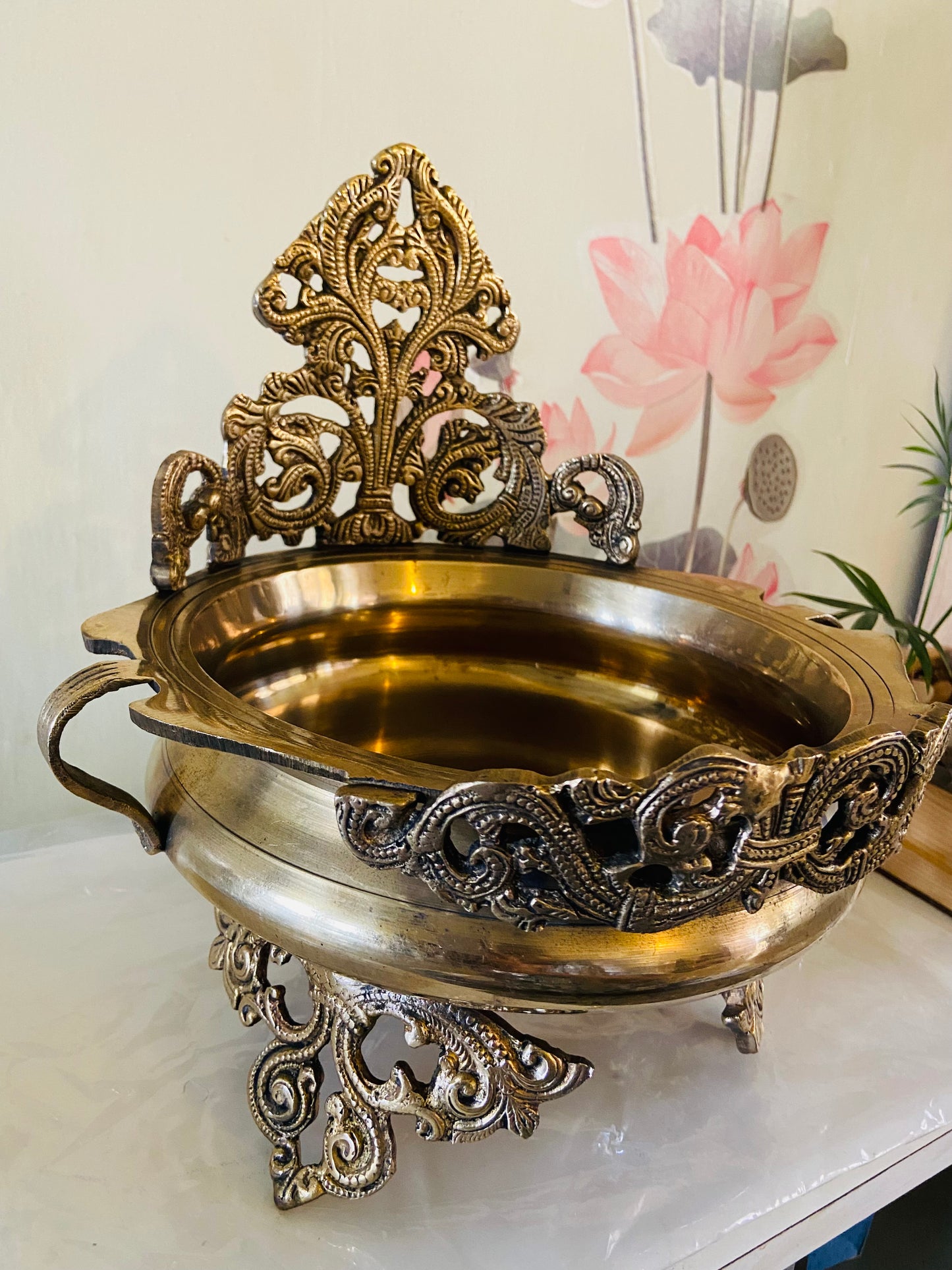 Handcrafted Brass Decorative Urli with Floral Motif